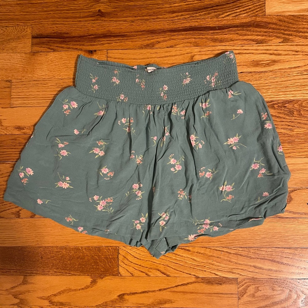 flowy teal shorts with flowers from american eagle